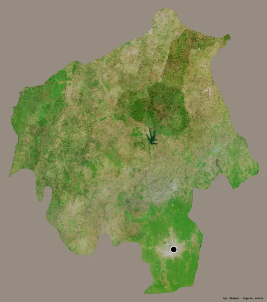 尼日利亚奥约州的形状 其首府被隔离在一个坚实的色彩背景上 卫星图像 3D渲染 — 图库照片