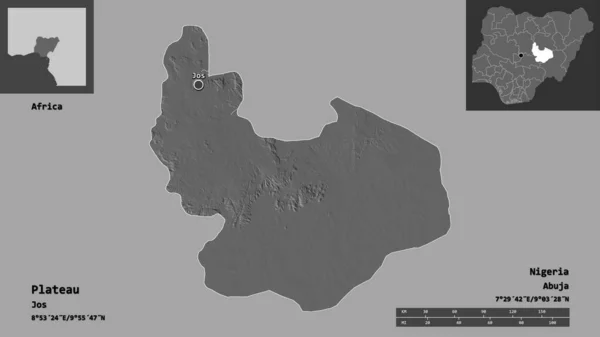 尼日利亚州的高原形状及其首都 距离刻度 预览和标签 Bilevel高程图 3D渲染 — 图库照片