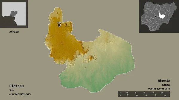 Platonun Şekli Nijerya Eyaleti Başkenti Uzaklık Ölçeği Gösterimler Etiketler Topografik — Stok fotoğraf