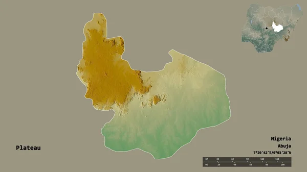 ナイジェリアのプラトー州の形で その首都はしっかりとした背景に隔離されています 距離スケール リージョンプレビュー およびラベル 地形図 3Dレンダリング — ストック写真