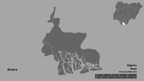尼日利亚的河流形状 其首都孤立在坚实的背景下 距离尺度 区域预览和标签 Bilevel高程图 3D渲染 — 图库照片