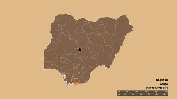 Nigéria Kiszáradt Alakja Fővárosával Regionális Körzetével Folyók Elválasztott Területével Címkék — Stock Fotó