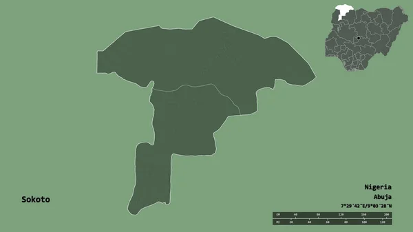苏科托的形状 尼日利亚的州 其首都孤立的坚实的背景 距离尺度 区域预览和标签 彩色高程图 3D渲染 — 图库照片