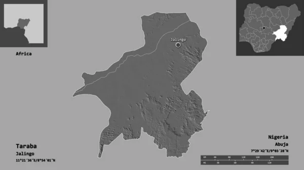 タラバの形 ナイジェリアの状態 およびその首都 距離スケール プレビューおよびラベル 標高マップ 3Dレンダリング — ストック写真