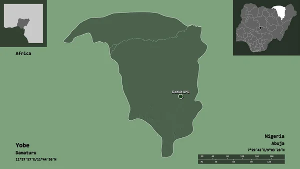 ヨベの形 ナイジェリアの州 そしてその首都 距離スケール プレビューおよびラベル 色の標高マップ 3Dレンダリング — ストック写真