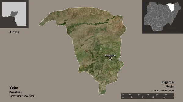 尼日利亚吉比州的形状及其首府 距离刻度 预览和标签 卫星图像 3D渲染 — 图库照片
