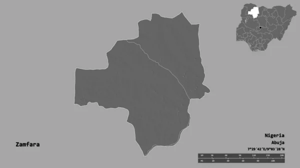 尼日利亚赞法拉州的形状 其首都在坚实的背景下与世隔绝 距离尺度 区域预览和标签 Bilevel高程图 3D渲染 — 图库照片