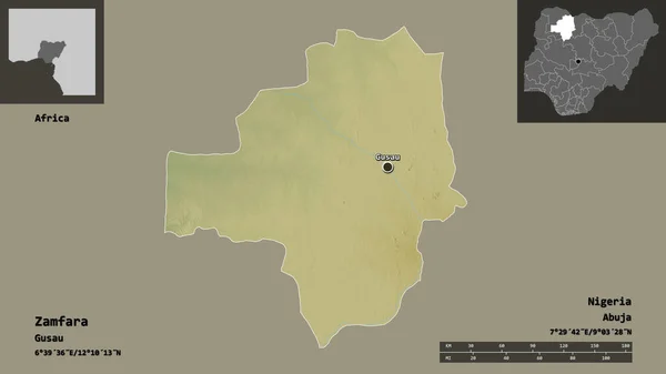 ザンファラの形 ナイジェリアの状態 およびその首都 距離スケール プレビューおよびラベル 地形図 3Dレンダリング — ストック写真