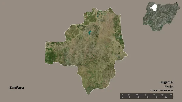 尼日利亚赞法拉州的形状 其首都在坚实的背景下与世隔绝 距离尺度 区域预览和标签 卫星图像 3D渲染 — 图库照片