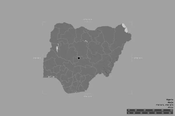 尼日利亚的一个区域在一个地理参照框的坚实背景上被隔离 主要区域分部 距离标度 Bilevel高程图 3D渲染 — 图库照片