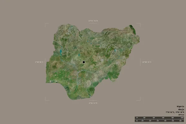 Area of Nigeria isolated on a solid background in a georeferenced bounding box. Main regional division, distance scale, labels. Satellite imagery. 3D rendering