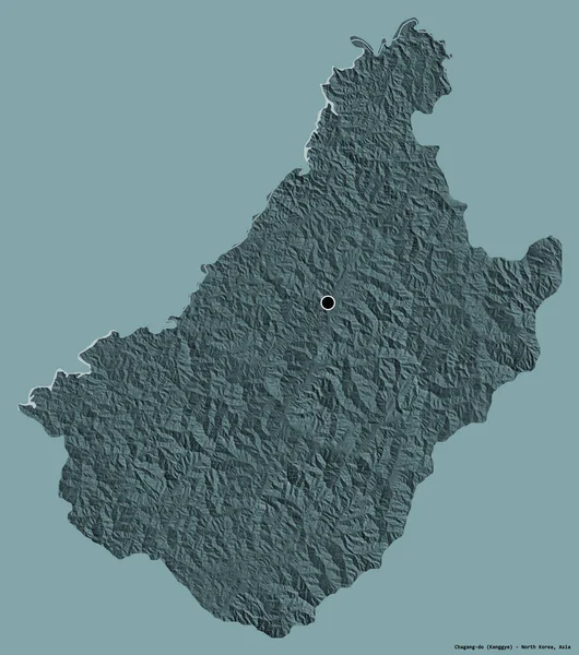 Kuzey Kore 'nin Chagang-do eyaleti, başkenti katı bir renk arkaplanı ile izole edilmiştir. Renkli yükseklik haritası. 3B görüntüleme