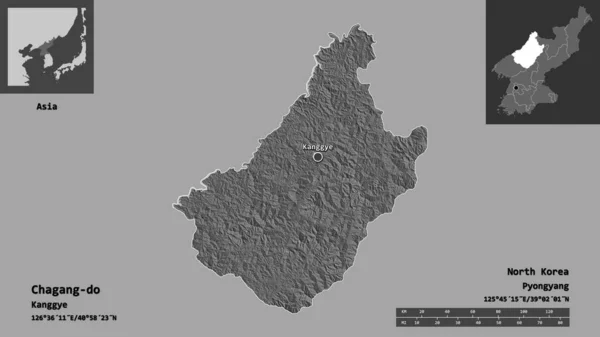 朝鲜省查贡多的形状及其首都 距离刻度 预览和标签 Bilevel高程图 3D渲染 — 图库照片