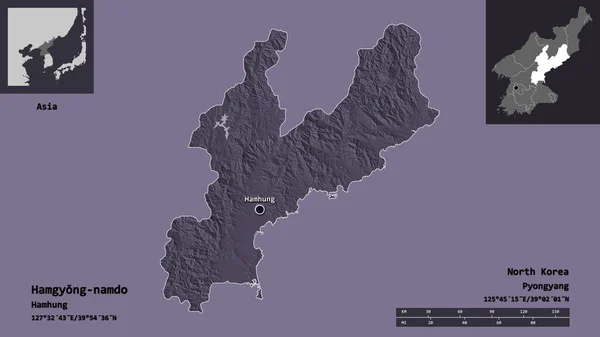 Shape Hamgyong Namdo Province North Korea Its Capital Distance Scale — Stock Photo, Image