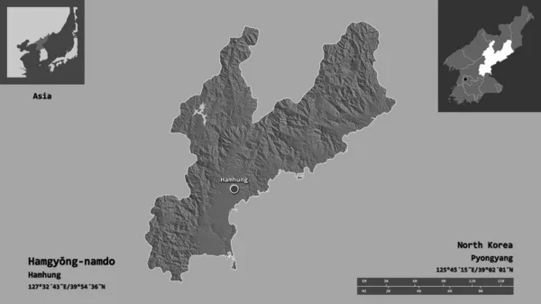北朝鮮の省都であるハムギョンナドの形 距離スケール プレビューおよびラベル 標高マップ 3Dレンダリング — ストック写真