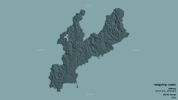 北朝鮮の省 ハムギョンナムドの地域は 洗練された境界ボックスにしっかりとした背景に隔離されています ラベル 色の標高マップ 3Dレンダリング — ストック写真
