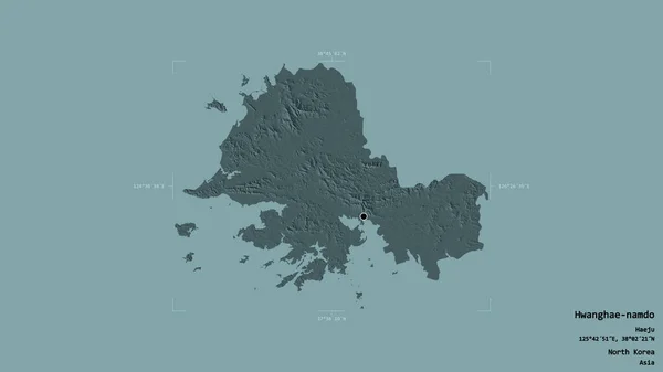 北朝鮮省黄海南道の地域は 地理的に結合された箱の中にしっかりとした背景に隔離されている ラベル 色の標高マップ 3Dレンダリング — ストック写真