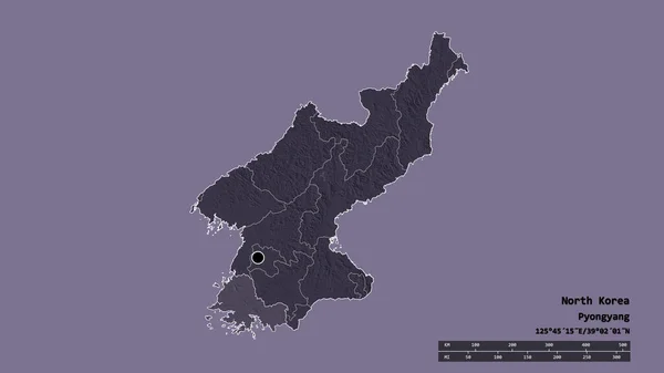 主要な地域部門と分離黄海南道と北朝鮮の荒廃した形 ラベル 色の標高マップ 3Dレンダリング — ストック写真