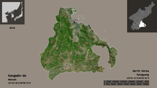朝鲜Kangwon Do的形状及其首都 距离刻度 预览和标签 卫星图像 3D渲染 — 图库照片