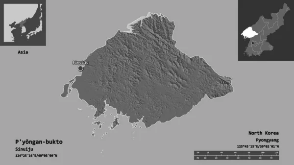 Form Yongan Bukto Provinsen Nordkorea Och Dess Huvudstad Avståndsskala Förhandsvisningar — Stockfoto