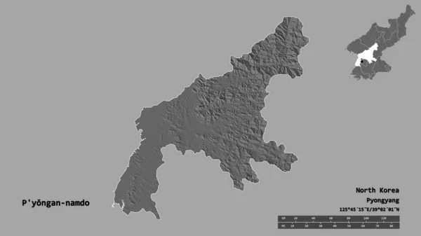 北朝鮮の省都であるP Yongan Namdoの形はしっかりとした背景に孤立している 距離スケール リージョンプレビュー およびラベル 標高マップ 3Dレンダリング — ストック写真