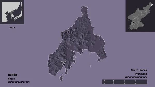 ラーソンの形は 直接北朝鮮の都市とその首都を支配した 距離スケール プレビューおよびラベル 色の標高マップ 3Dレンダリング — ストック写真