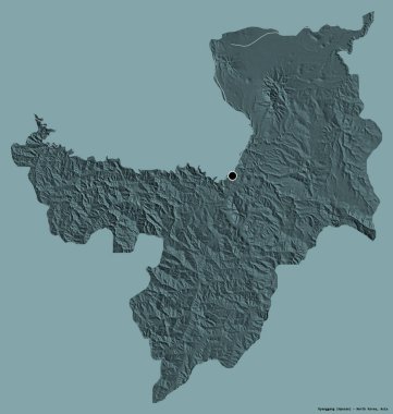 Kuzey Kore 'nin Ryanggang eyaleti, başkenti katı renk arkaplanı ile izole edilmiştir. Renkli yükseklik haritası. 3B görüntüleme