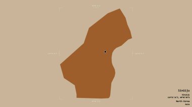 Sinuiju bölgesi, Kuzey Kore 'nin özel idari bölgesi, katı bir arka planda bir sınır kutusunda izole edilmiş. Etiketler. Desenli dokuların bileşimi. 3B görüntüleme