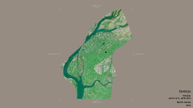 Sinuiju bölgesi, Kuzey Kore 'nin özel idari bölgesi, katı bir arka planda bir sınır kutusunda izole edilmiş. Etiketler. Uydu görüntüleri. 3B görüntüleme