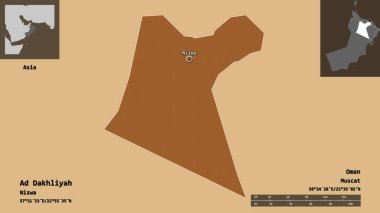 Ad Dakhliyah 'ın şekli, Umman bölgesi ve başkenti. Uzaklık ölçeği, ön gösterimler ve etiketler. Düzenli desenli dokuların bileşimi. 3B görüntüleme