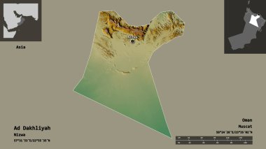 Ad Dakhliyah 'ın şekli, Umman bölgesi ve başkenti. Uzaklık ölçeği, ön gösterimler ve etiketler. Topografik yardım haritası. 3B görüntüleme