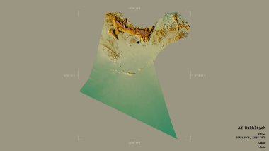 Ad Dakhliyah bölgesi, Umman bölgesi, jeoreferatlı bir sınır kutusunda sağlam bir arka planda izole edilmiş. Etiketler. Topografik yardım haritası. 3B görüntüleme