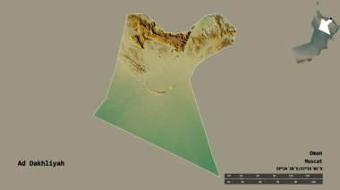 Ad Dakhliyah 'ın şekli, Umman bölgesi, başkenti sağlam arka planda izole edilmiş. Uzaklık ölçeği, bölge önizlemesi ve etiketleri. Topografik yardım haritası. 3B görüntüleme
