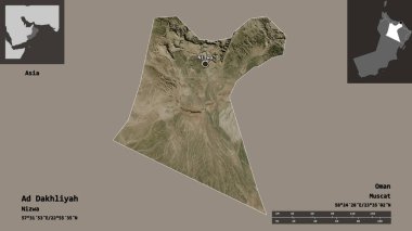 Ad Dakhliyah 'ın şekli, Umman bölgesi ve başkenti. Uzaklık ölçeği, ön gösterimler ve etiketler. Uydu görüntüleri. 3B görüntüleme