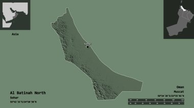 Al Batinah North 'un şekli, Umman bölgesi ve başkenti. Uzaklık ölçeği, ön gösterimler ve etiketler. Renkli yükseklik haritası. 3B görüntüleme