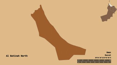 Al Batinah North 'un şekli, Umman bölgesi, başkenti sağlam arka planda izole edilmiş. Uzaklık ölçeği, bölge önizlemesi ve etiketleri. Düzenli desenli dokuların bileşimi. 3B görüntüleme