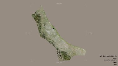 Al Batinah Kuzey Bölgesi, Umman Bölgesi, jeoreferatlı bir sınır kutusunda sağlam bir arka planda izole edilmiş. Etiketler. Uydu görüntüleri. 3B görüntüleme