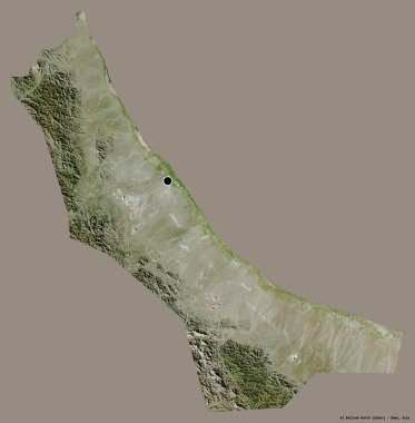 Al Batinah North 'un şekli, Umman bölgesi, başkenti katı bir renk arkaplanı ile izole edilmiş. Uydu görüntüleri. 3B görüntüleme