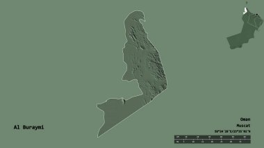 Al Buraymi 'nin şekli, Umman bölgesi, sermayesi sağlam arka planda izole edilmiş. Uzaklık ölçeği, bölge önizlemesi ve etiketleri. Renkli yükseklik haritası. 3B görüntüleme