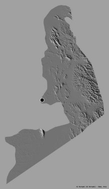 Al Buraymi 'nin şekli, Umman bölgesi, sermayesi katı renk arka planında izole edilmiş. Çift seviyeli yükseklik haritası. 3B görüntüleme