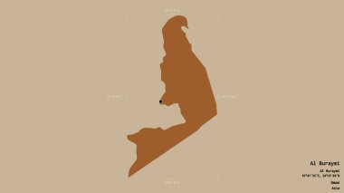 Al Buraymi bölgesi, Umman bölgesi, jeoreferatlı bir sınır kutusunda sağlam bir arka planda izole edilmiş. Etiketler. Desenli dokuların bileşimi. 3B görüntüleme