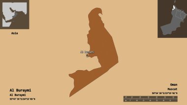 Al Buraymi 'nin şekli, Umman bölgesi ve başkenti. Uzaklık ölçeği, ön gösterimler ve etiketler. Düzenli desenli dokuların bileşimi. 3B görüntüleme