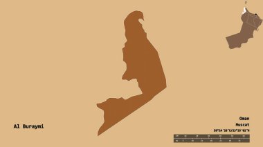 Al Buraymi 'nin şekli, Umman bölgesi, sermayesi sağlam arka planda izole edilmiş. Uzaklık ölçeği, bölge önizlemesi ve etiketleri. Düzenli desenli dokuların bileşimi. 3B görüntüleme