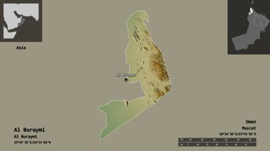 Al Buraymi 'nin şekli, Umman bölgesi ve başkenti. Uzaklık ölçeği, ön gösterimler ve etiketler. Topografik yardım haritası. 3B görüntüleme