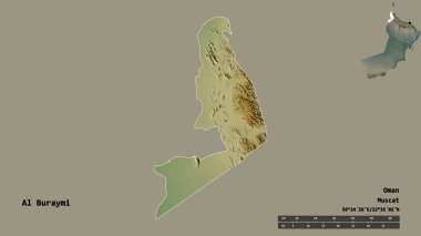 Al Buraymi 'nin şekli, Umman bölgesi, sermayesi sağlam arka planda izole edilmiş. Uzaklık ölçeği, bölge önizlemesi ve etiketleri. Topografik yardım haritası. 3B görüntüleme