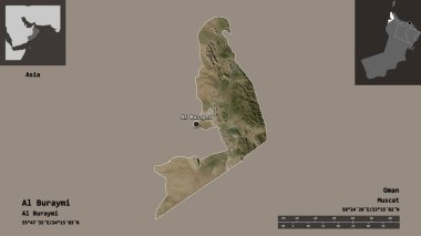 Al Buraymi 'nin şekli, Umman bölgesi ve başkenti. Uzaklık ölçeği, ön gösterimler ve etiketler. Uydu görüntüleri. 3B görüntüleme