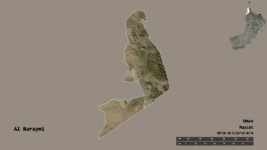 Al Buraymi 'nin şekli, Umman bölgesi, sermayesi sağlam arka planda izole edilmiş. Uzaklık ölçeği, bölge önizlemesi ve etiketleri. Uydu görüntüleri. 3B görüntüleme