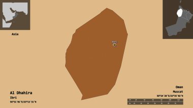 Al Dhahira 'nın şekli, Umman bölgesi ve başkenti. Uzaklık ölçeği, ön gösterimler ve etiketler. Düzenli desenli dokuların bileşimi. 3B görüntüleme