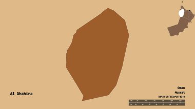 Al Dhahira 'nın şekli, Umman bölgesi, sermayesi sağlam arka planda izole edilmiş. Uzaklık ölçeği, bölge önizlemesi ve etiketleri. Düzenli desenli dokuların bileşimi. 3B görüntüleme