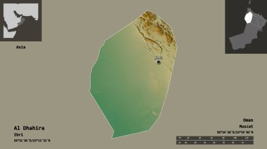Al Dhahira 'nın şekli, Umman bölgesi ve başkenti. Uzaklık ölçeği, ön gösterimler ve etiketler. Topografik yardım haritası. 3B görüntüleme